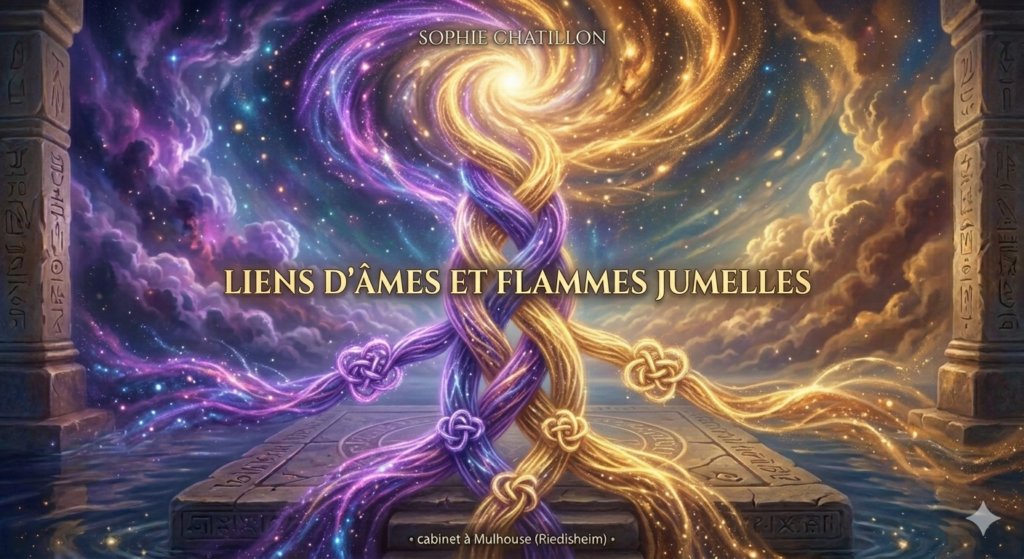 Liens d'âmes et flammes jumelles : comprendre vos relations grâce à l'hypnose 7 Image spirituelle et cosmique montrant deux figures en méditation dans un temple astral, leurs cœurs connectés par une boucle d'infini dorée sous un grand tourbillon de galaxie, entourés de divinités et d'anges - Sophie CHATILLON - Hypnose régressive spirituelle énergétique