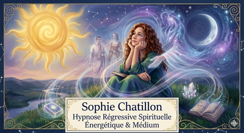 Les capacités extrasensorielles de mon enfant 4 Illustration spirituelle d'une jeune fille contemplative entre le soleil et la lune pour Sophie Chatillon, praticienne en hypnose régressive et médium.