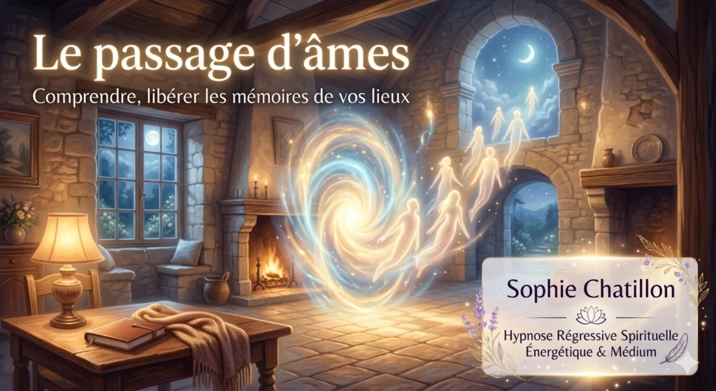 Le passage d'âmes : Comprendre et libérer les mémoires de vos lieux 3 "Le passage d'âmes : Comprendre, libérer les mémoires de vos lieux" avec l'encart "Sophie Chatillon - Hypnose Régressive Spirituelle Énergétique & Médium"