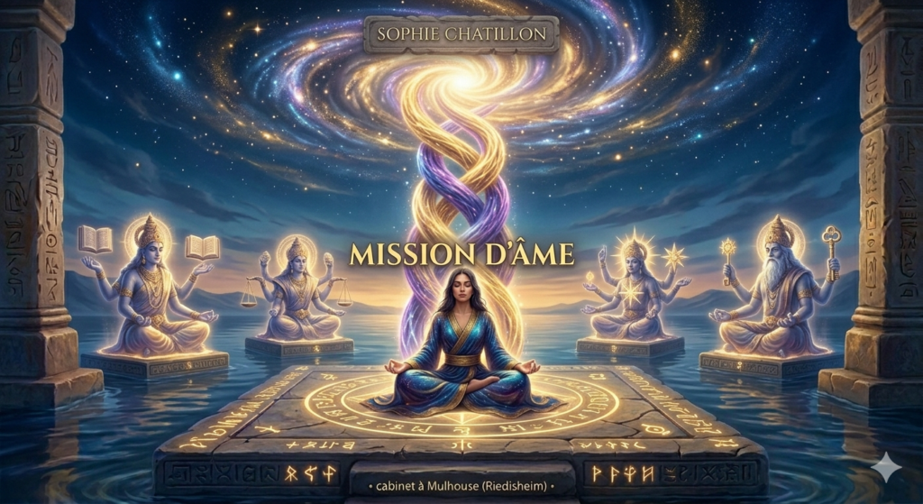 Comment trouver sa mission de vie grâce à l'hypnose spirituelle ? 6 Image cosmique illustrant la mission d'âme avec Sophie Chatillon, praticienne en hypnose spirituelle à Mulhouse Riedisheim. Une femme médite sous un vortex de galaxie, entourée de figures spirituelles et de colonnes de temple ancestral - Sophie CHATILLON - Hypnose régressive