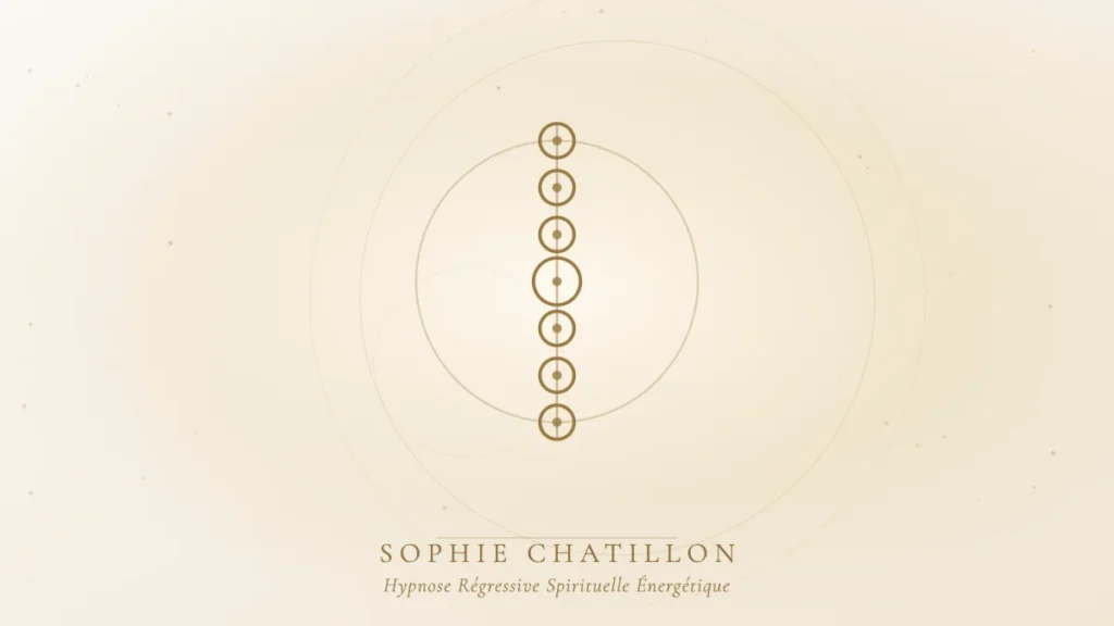 chakras memoires cellulaires hypnose illustration sophie chatillon Sept cercles dorés alignés, illustration de l’article « Chakras, mémoires cellulaires et hypnose : le lien invisible » – Sophie Chatillon
