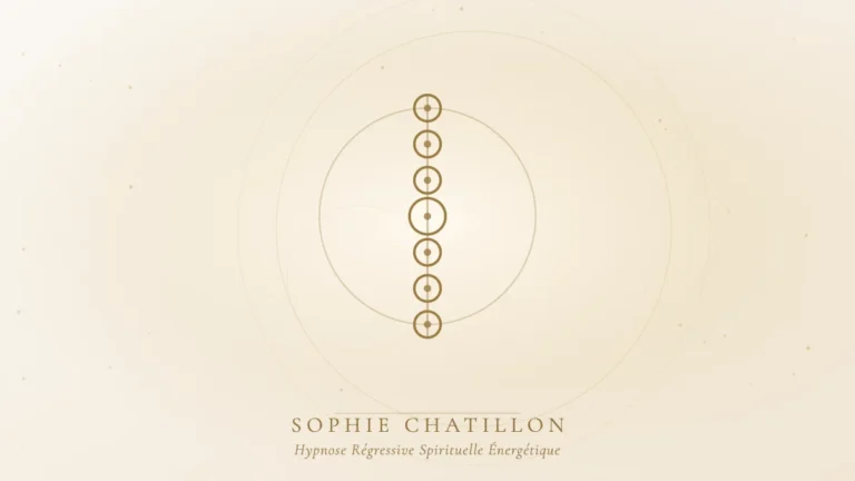 chakras memoires cellulaires hypnose illustration sophie chatillon Sept cercles dorés alignés, illustration de l’article « Chakras, mémoires cellulaires et hypnose : le lien invisible » – Sophie Chatillon