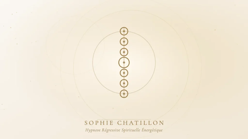 memoire cellulaire corps hypnose illustration sophie chatillon Sept cercles dorés alignés, illustration de l’article « La mémoire cellulaire : comment le corps stocke nos blessures » – Sophie Chatillon